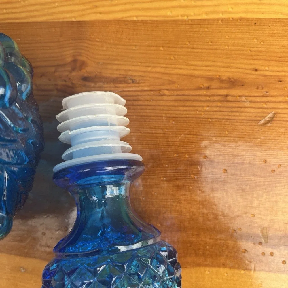 Imperial Blue Glass Decanter w Grape Pattern Genie Bottle Vintage MCM Stopper